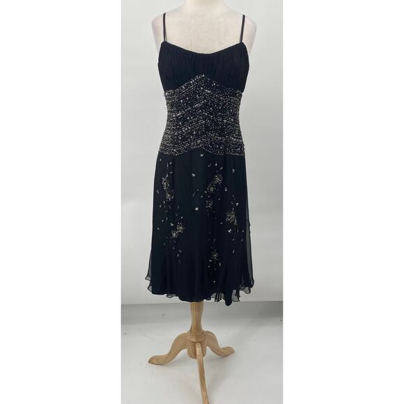 Vintage Y2k Bicici Silk Beaded Dress Empire Waist Pleated Silver Black Womens 10 - Picture 3 of 13